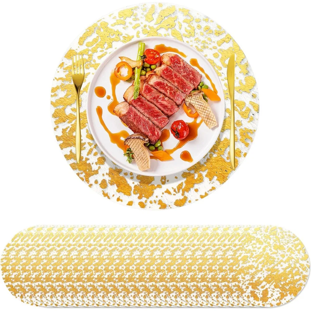 

100 PCS Disposable Gold Placemats Set, 13" Metallic Round Doilies for Tables, Gold Foil Mesh Pressed String Table Mats, Thin Me