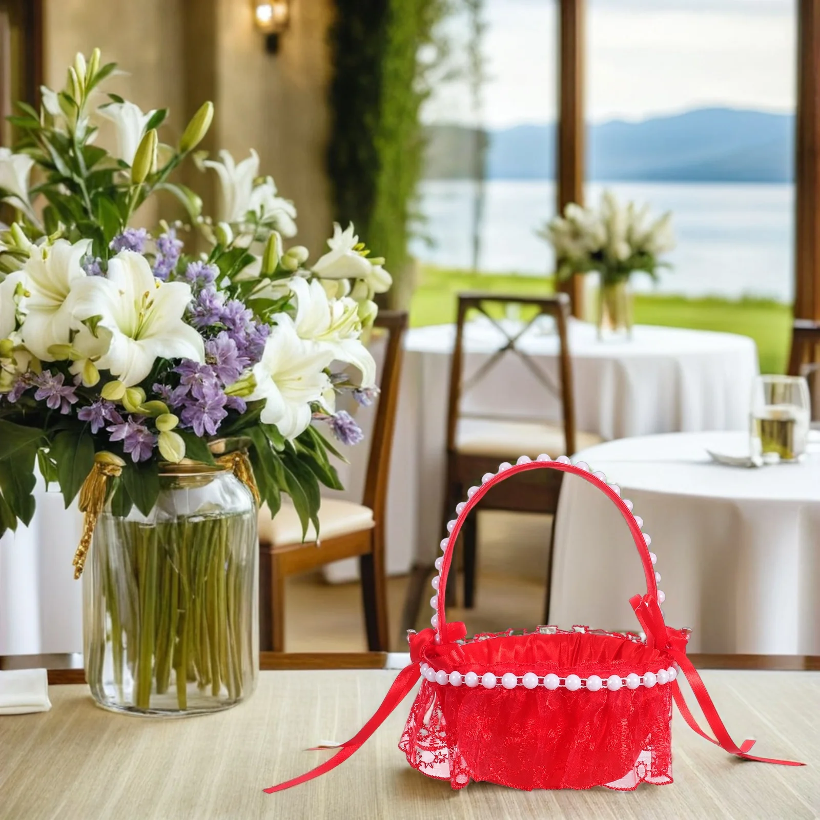 

Red Lace Wedding Flower Basket with Artificial Pearl Handle Flower Basket for Elegant Wedding Ceremony Decor