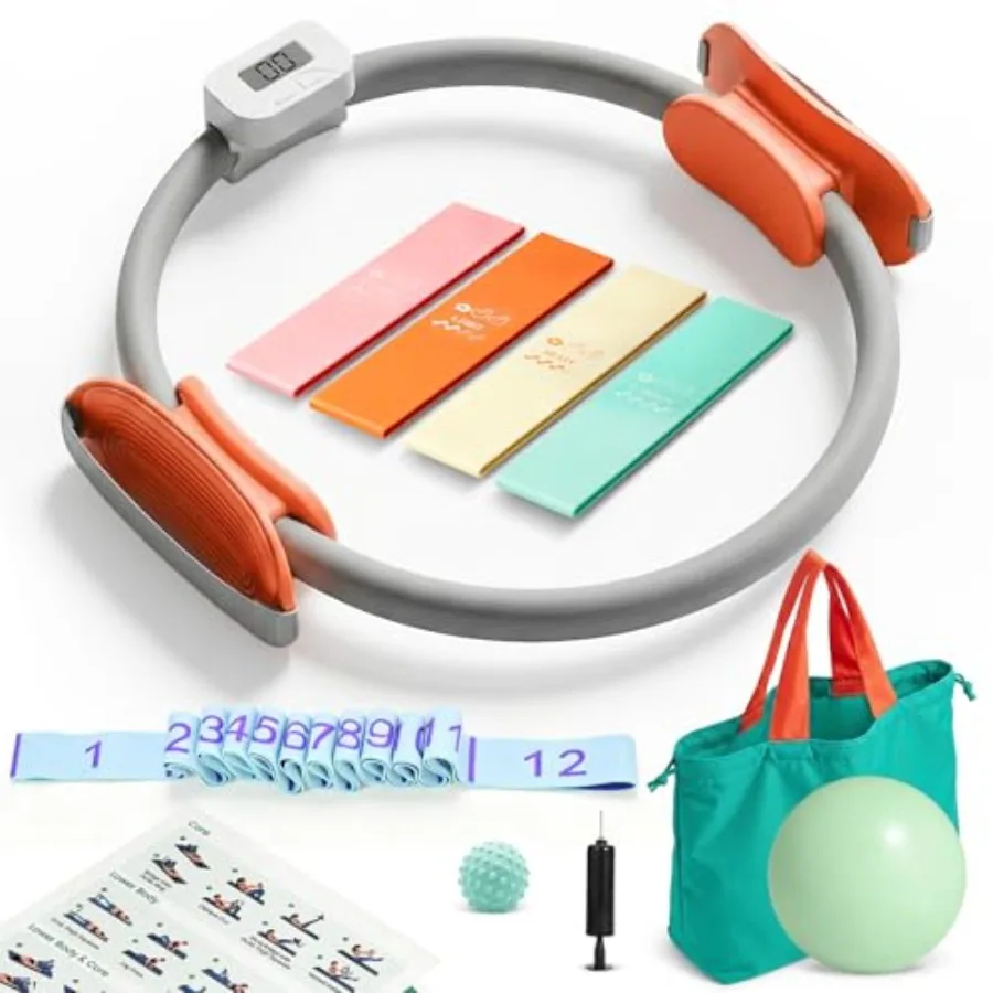 Magic Circle Pilates Equipment Kit with Smart Counter - 14" Pilates Ring and Ball Set with Yoga Ball, Resistance Bands, Stretch