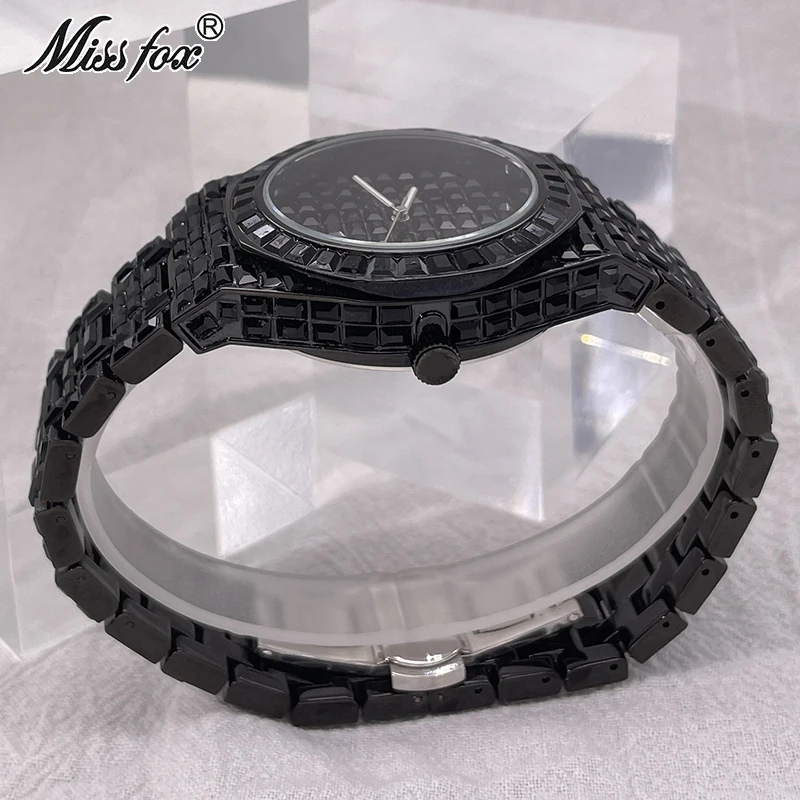 Hip Hop Brand MISSFOX Luxury Wristwatch Baguette Diamond Black Watch For MenS Stainless Steel Automatic Date Quartz Clocks Male