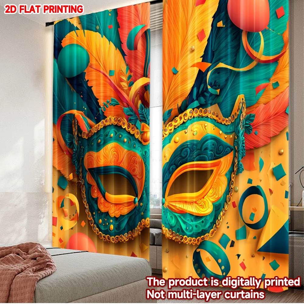 

2D flat printing 2pcs Curtain Party Curtain Carnival Colorful Feather Mask(1) Digital Printed Polyester Drapes Holiday