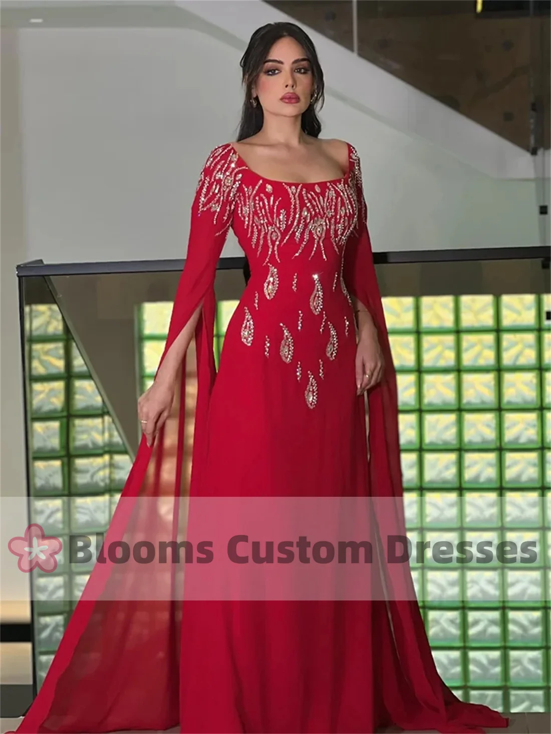 Blooms Red Vintage Square Neck Prom Gowns Women\'s Beaded Crystal Evening Gown Long Sleeves Chiffon Saudi Formal Occasion Dress