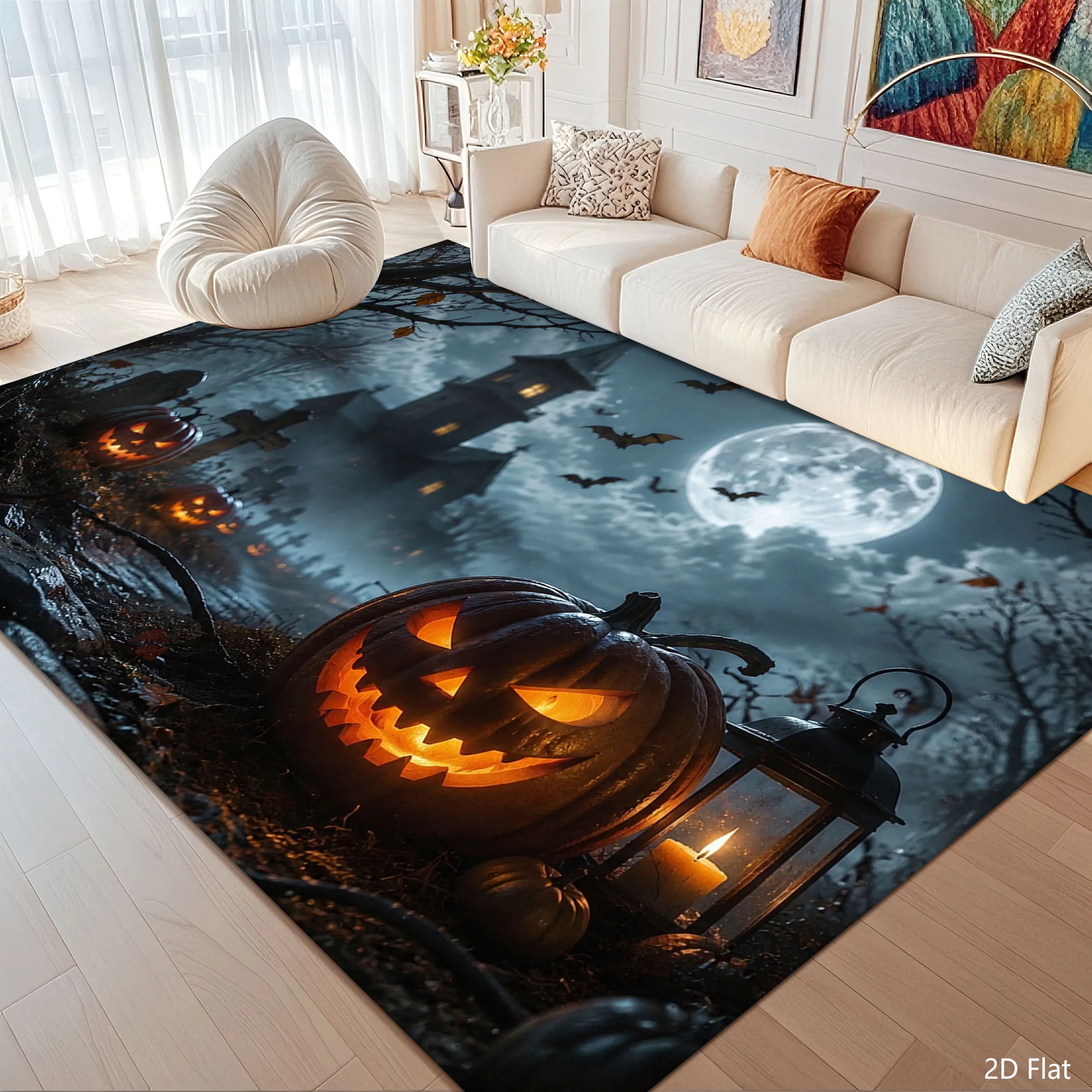 1pc 2D Flat Halloween Pumpkin Haunted House Moon Bat Printed Floor Mat, Decorative Rug for Living Room, Bedroom, Home
