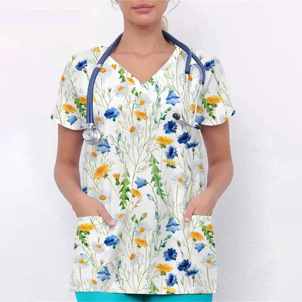 Scrubs Medical Uniforms Woman Fashion Floral Print Dental Nurse Tops V-Neck Short Sleeve Patch Pocket Tees Nurse Uniform Woman