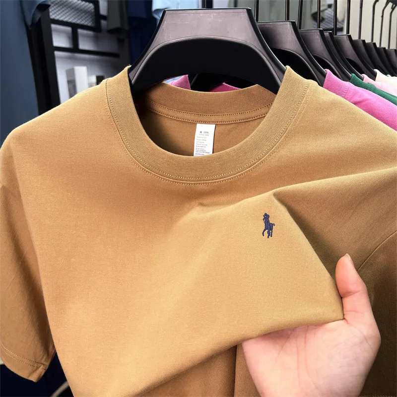 

Высокое качество 100% хлопок короткими рукавами мужская футболка легкая роскошная марка мода пони вышивка рекреационный круглый воротник летняя топы