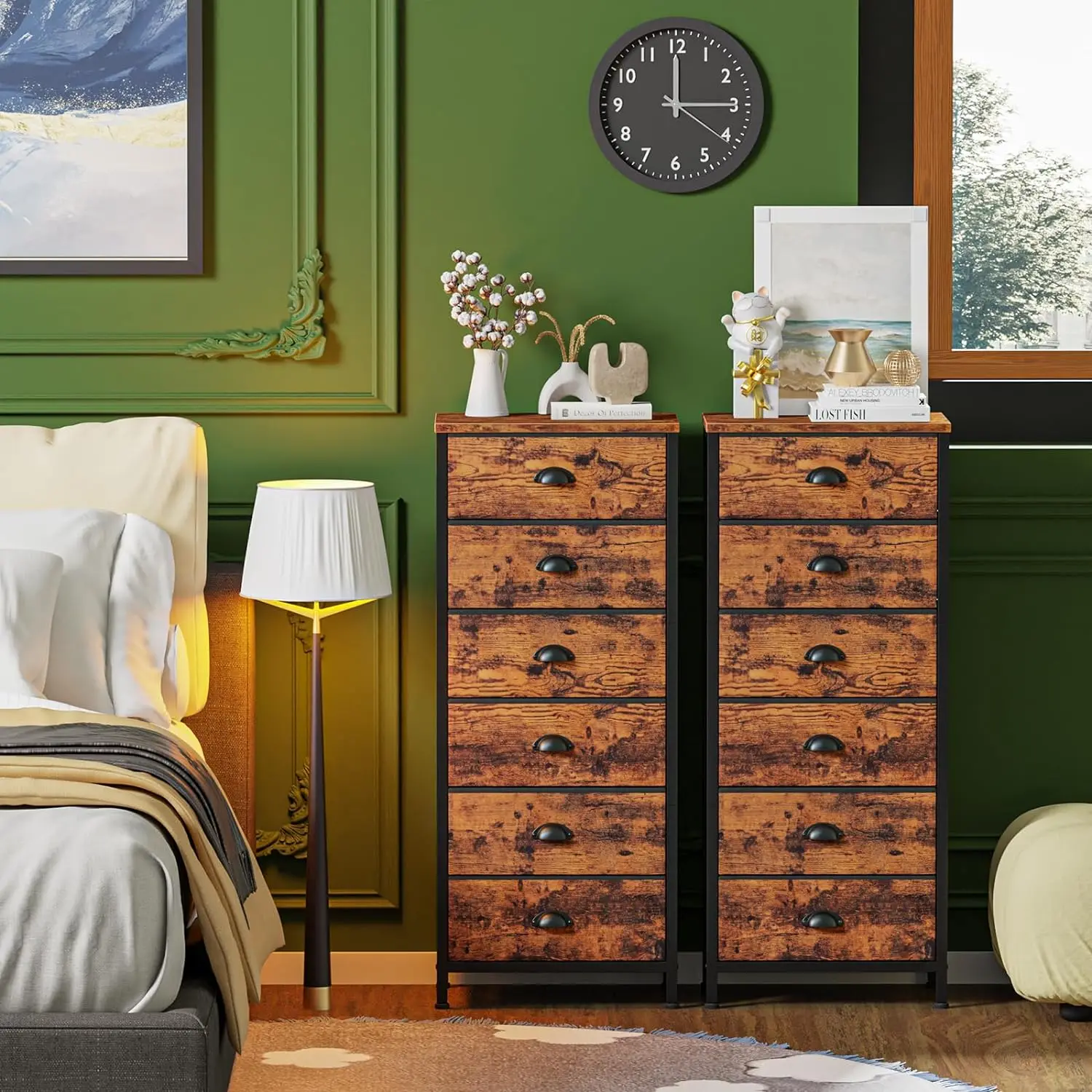 Tall Dresser with 6 Drawers,Vertical End Table and Nightstand for Bedroom,Industrial Bedside Furniture with Fabric Draw