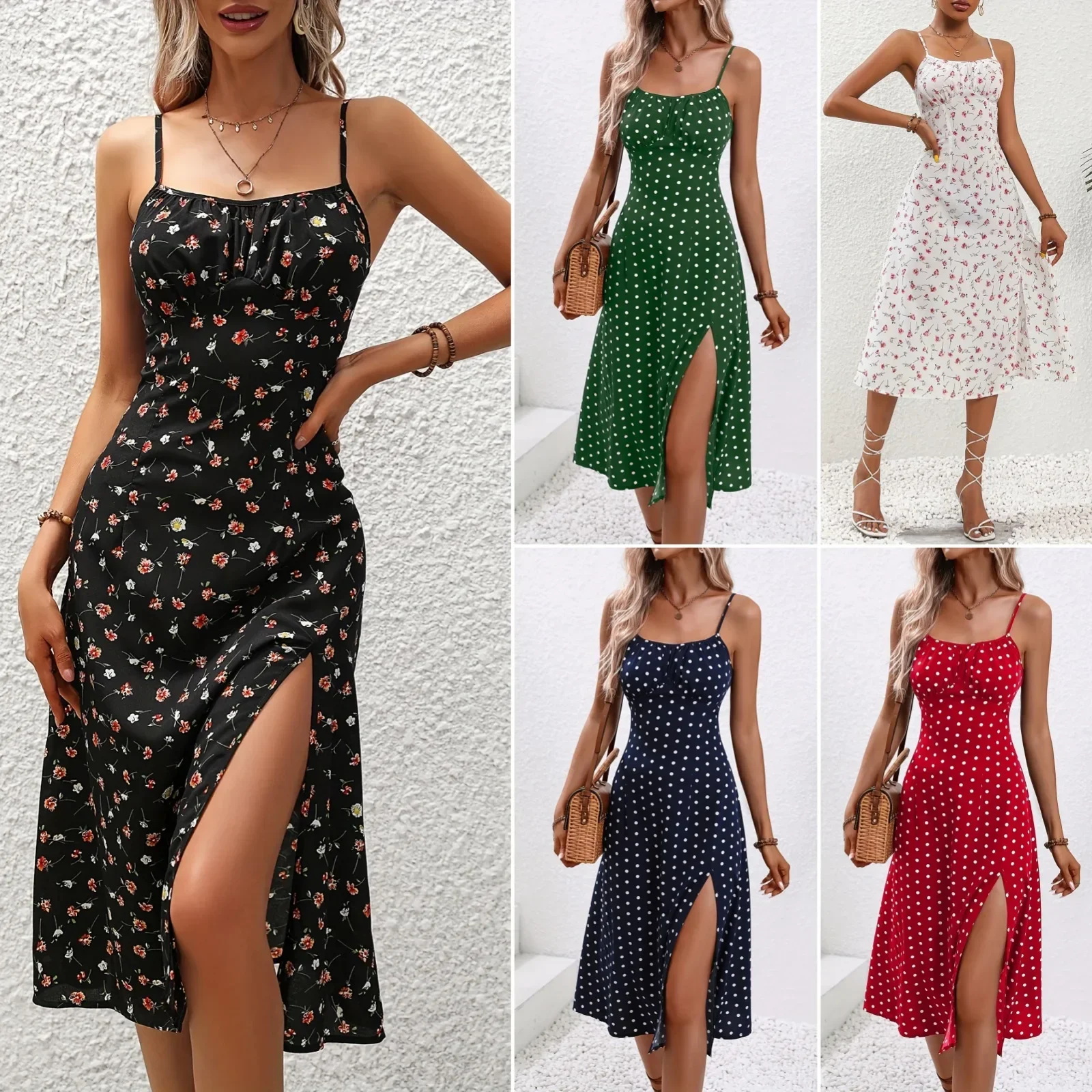 Abito da donna con stampa floreale senza spalline Abito estivo Boho Beach Stampa Bretelle eleganti Abito con spacco al collo quadrato Abiti vintage Y2k