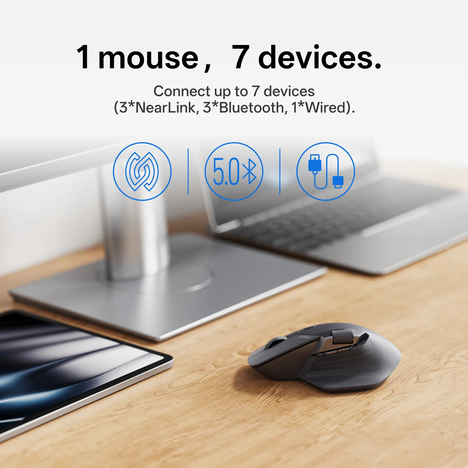 Rapoo MT720PRO Wireless Mouse NearLink + Bluetooth 5.0 Multi-Device 12000 DPI 2K Polling Rate Ergo for Work Gaming Quiet Clicks