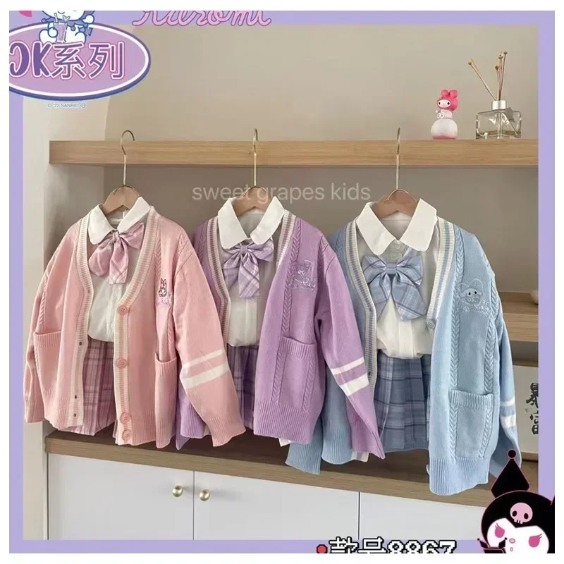 

Униформа для девочек Sanrios JK, мультяшный трикотажный свитер и кардиган My Melody Kuromi Cinnamoroll, рубашка, топ, плиссированная юбка, комплект из 3 предметов