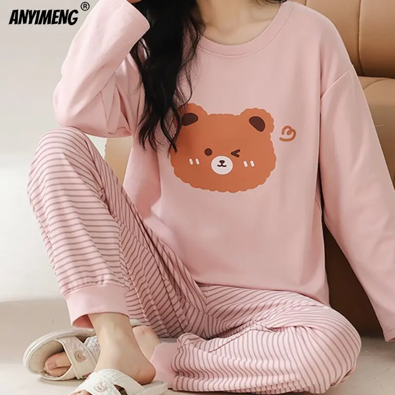 Spring New Boutique Women Pajamas Sets Lady Long Sleeves Pijama Classic Bear Sleepwear for Girl Casual Strip Nightwear Woman Pjs