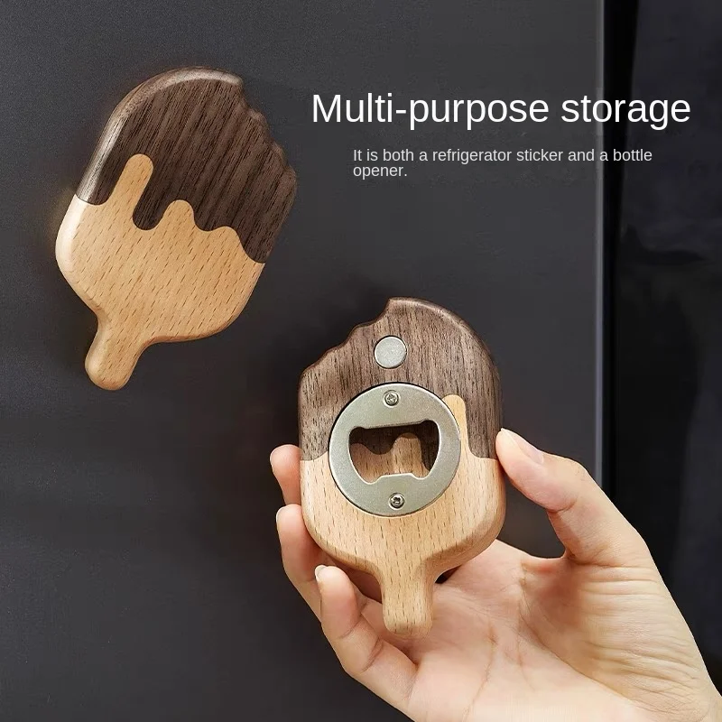 Creative Ice-cream-shaped Beer Bottle Opener Magnetic Solid Wood Refrigerator Stick Wooden Cap Pick-up Bottle Kitchen Gadgets