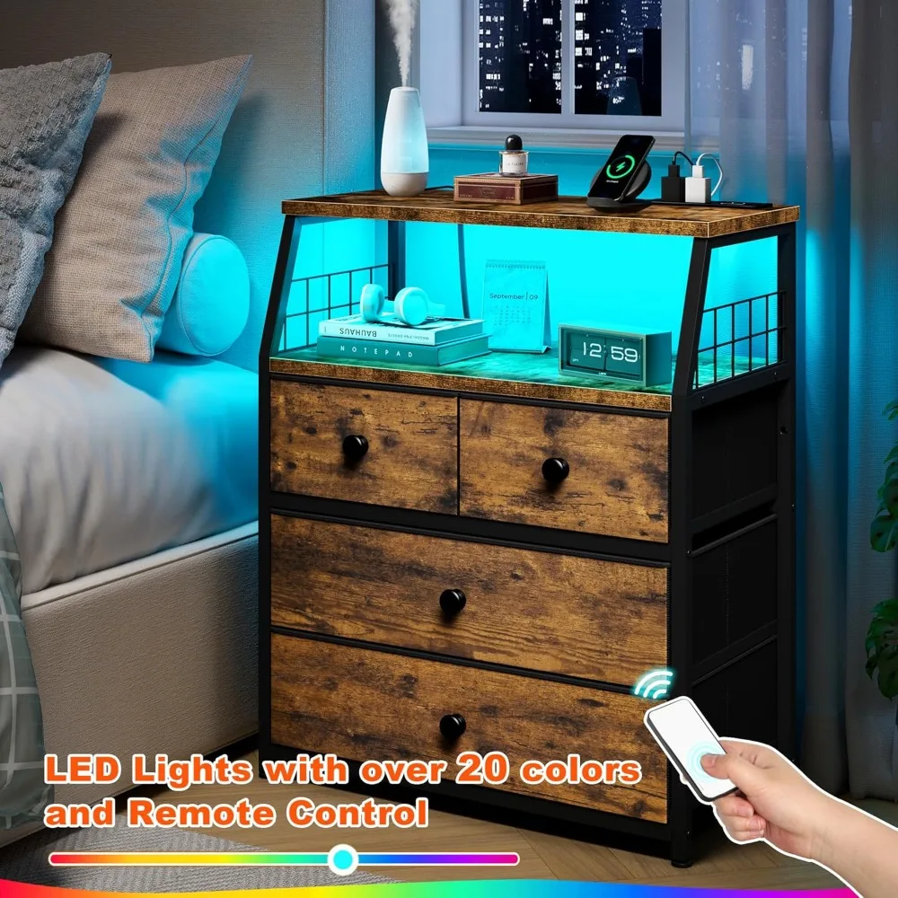 

Nightstands Set of 2, Bedside Table with Charging Station & LED Lights, End Table with 4 Fabric Drawers, Customized