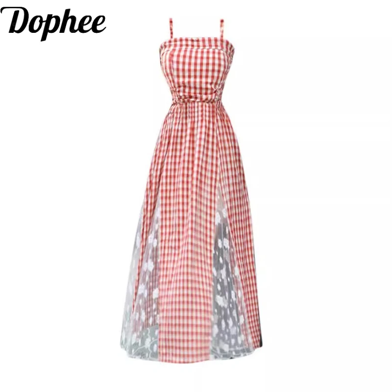 

Seaside Holiday Red and White Plaid Stitching Lace Heavy Industry Tube Top Dress Women's Summer 2025 New Design Sense Long Dress