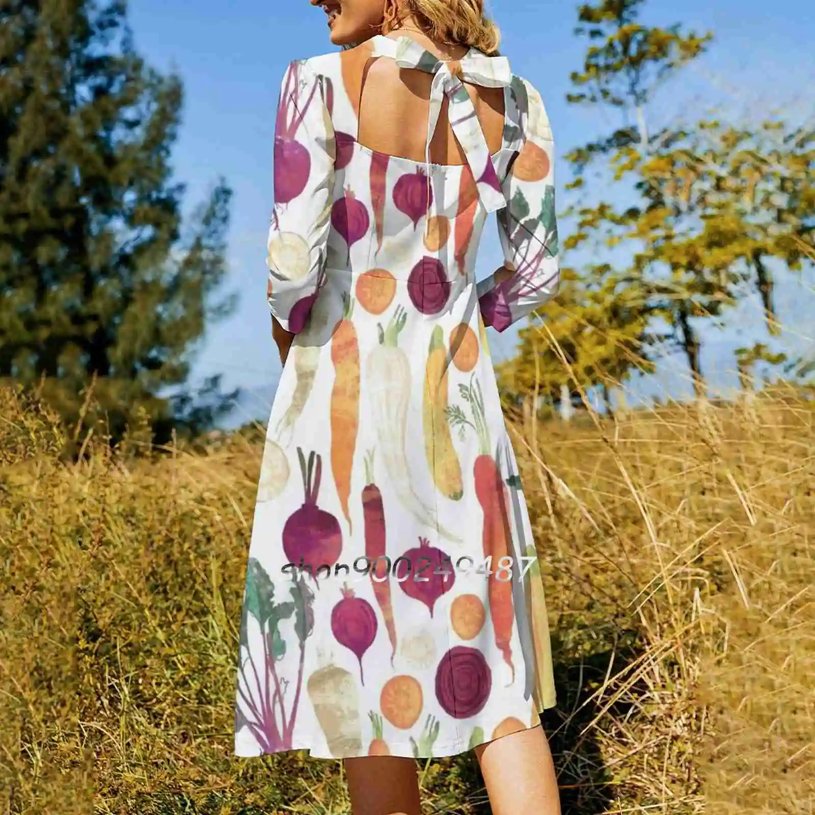 Autumn Vegetables Pattern On White Background Square Neck Dress New Plus Size Elegant Women Waist Tight Dress Beetroot Carrot