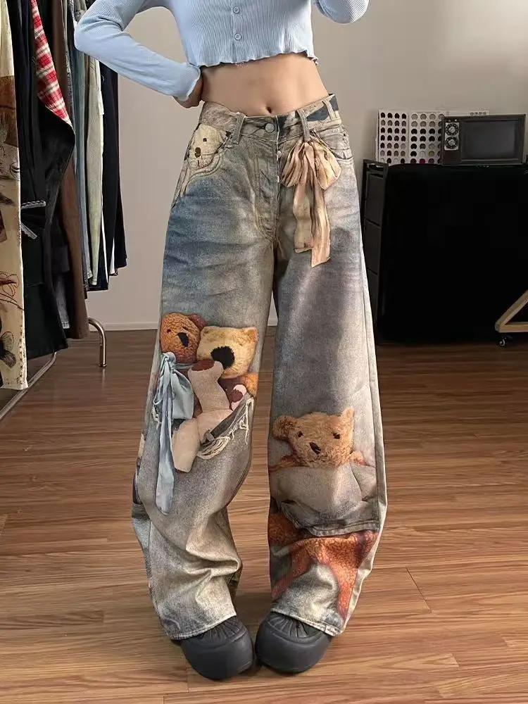 

American Retro Bear 3D Printed Jeans For Men And Women Hip-Hop Casual Personality Streetwear Loose Versatile Slim Wide-Leg Pants
