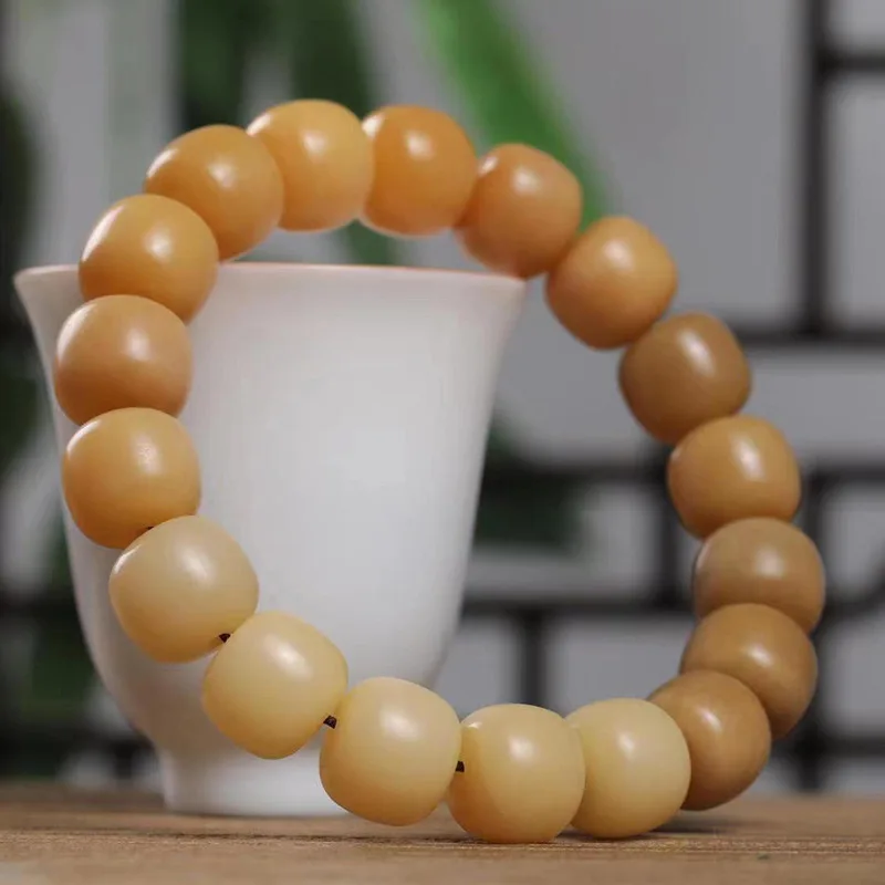 Yellow weathered gradient Bodhi barrel bead bracelet, size 1.1*1.2, unisex decorative prayer beads