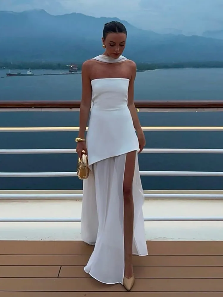 Elegant Mesh Scarf Neck Bustier Vestidos For Women 2025 New Summer Patchwork High Fork Fashion Robes Lady Dinner Party Gowns image 5