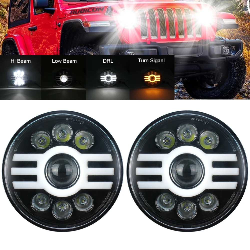 7 LED DRL Turn Signal Headlight For Motorcycle Black  Projector LED Light Bulb works for Jeep Wrangler JK LJ CJ LED Headlamp