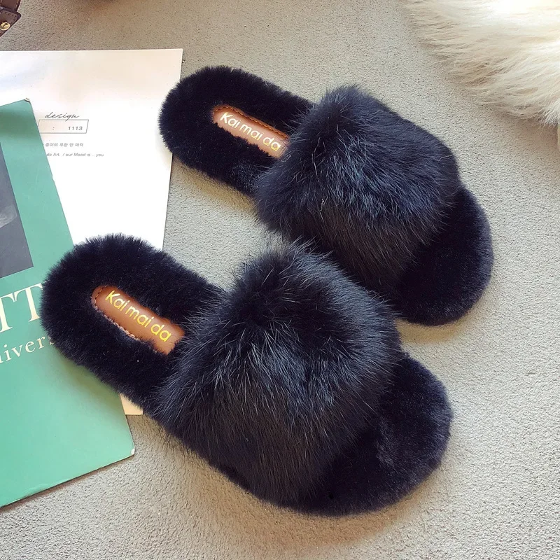 Women Autumn Winter Casual Fur Slippers Flat Non-slip Solid Real Fox Slides Fluffy Ladies Shoes Woman