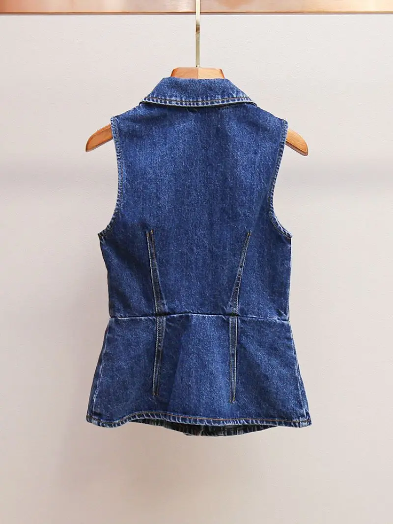 Women Denim Set Turn-down Collar Sleeveless Single Breasted Jacket or Pleated High Waist A-Line Mini Skirt