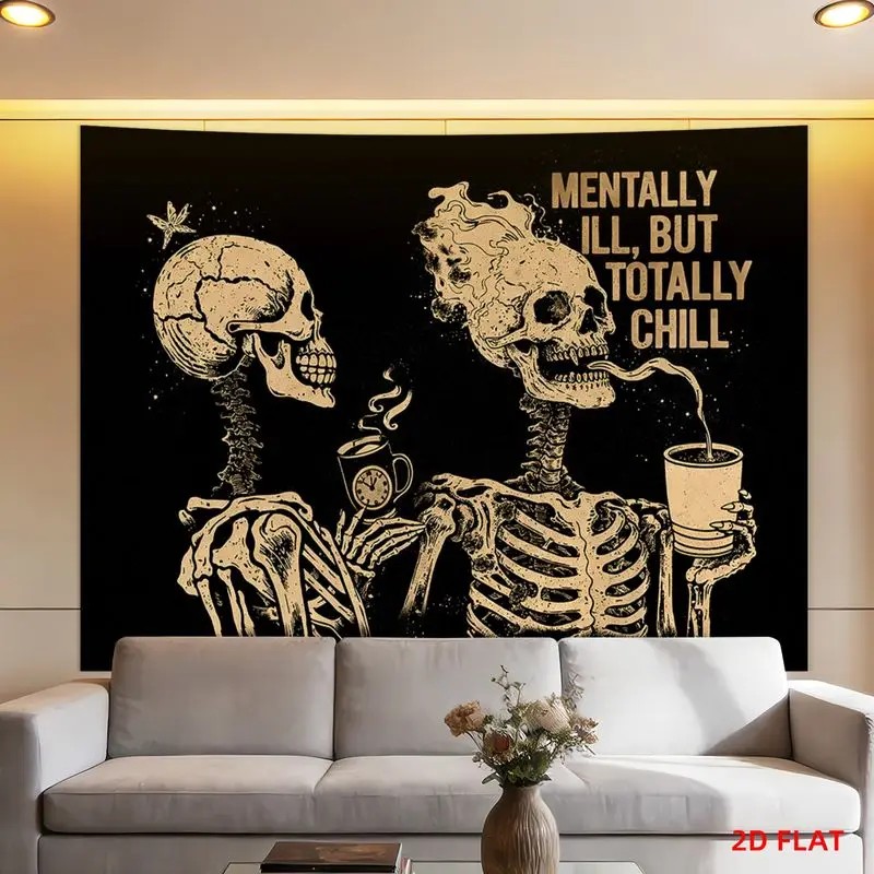 VIKAMA Wall Tapestry Dark Style Skeleton Coffee Tapestry Vintage Vintage Vintage Vintage Mentally But Completely Chill Room