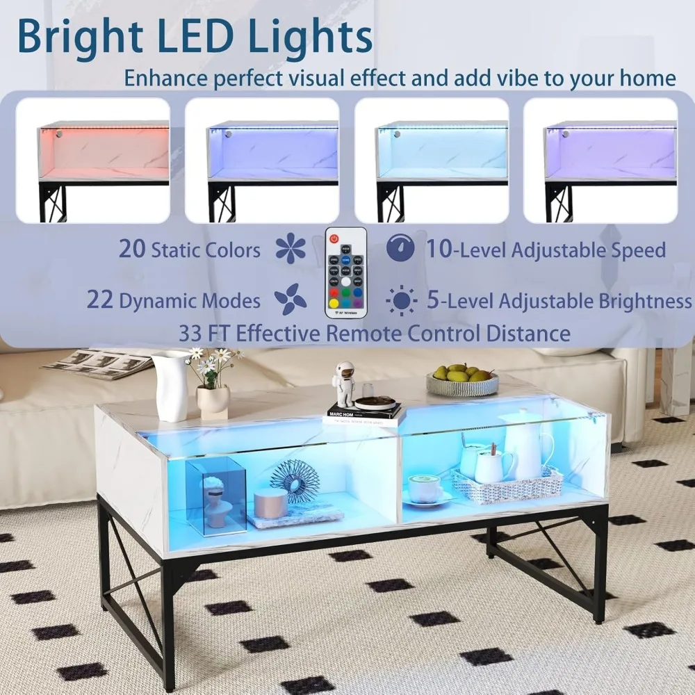 LED Coffee Table with Storage Cubes, High Gloss Faux Marble & Tempered Glass Top, Adjustable Lighting, Modern Living Room Furnit
