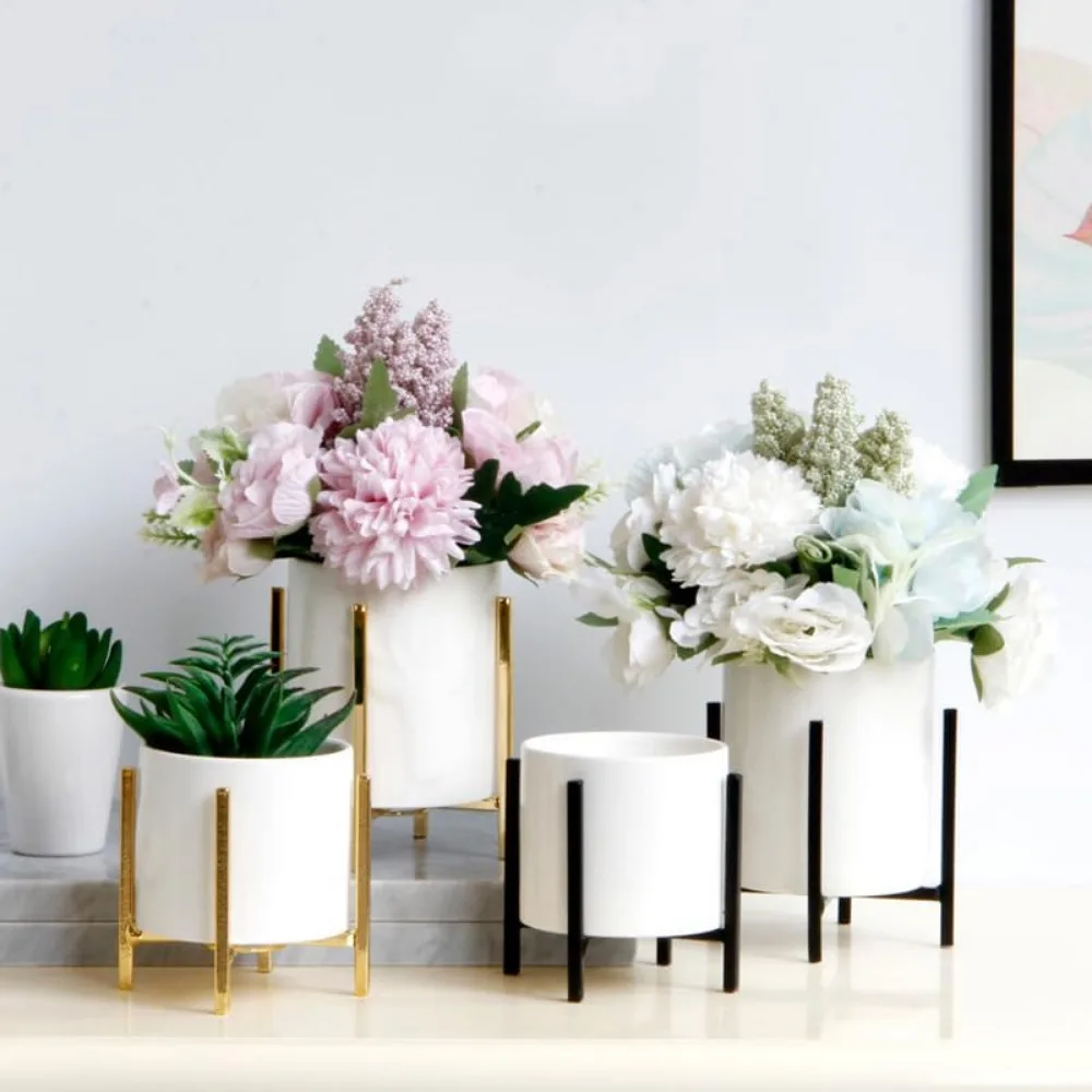 Gold & White Ceramic Pen Holder with Sturdy Metal Frame, Desk Organizer for Office Supplies