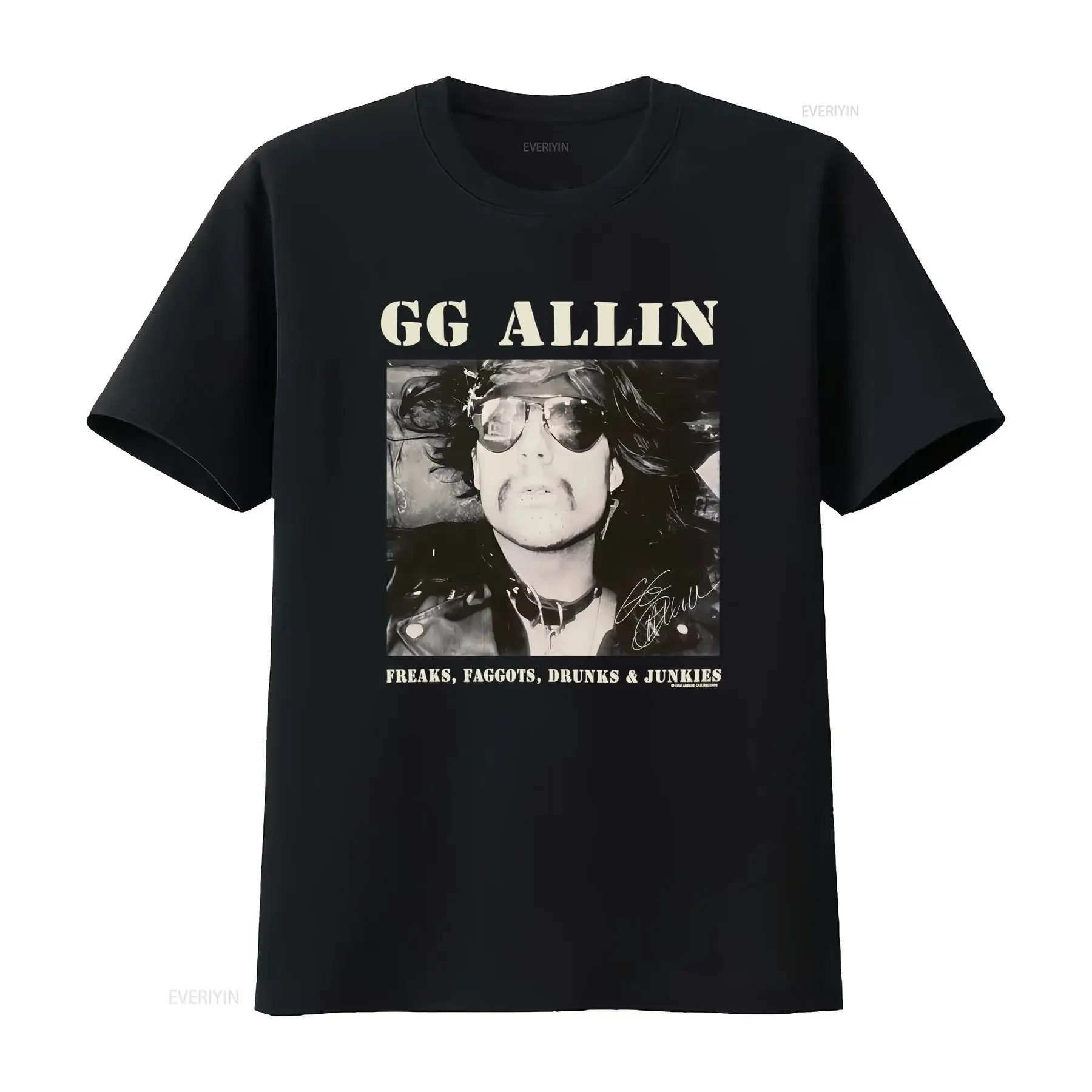 Vintage GG Allin Freaks Faggots Drunks Junkies T Shirt Black Retro Rock Funny vintage Washed Top For Everyday Wear