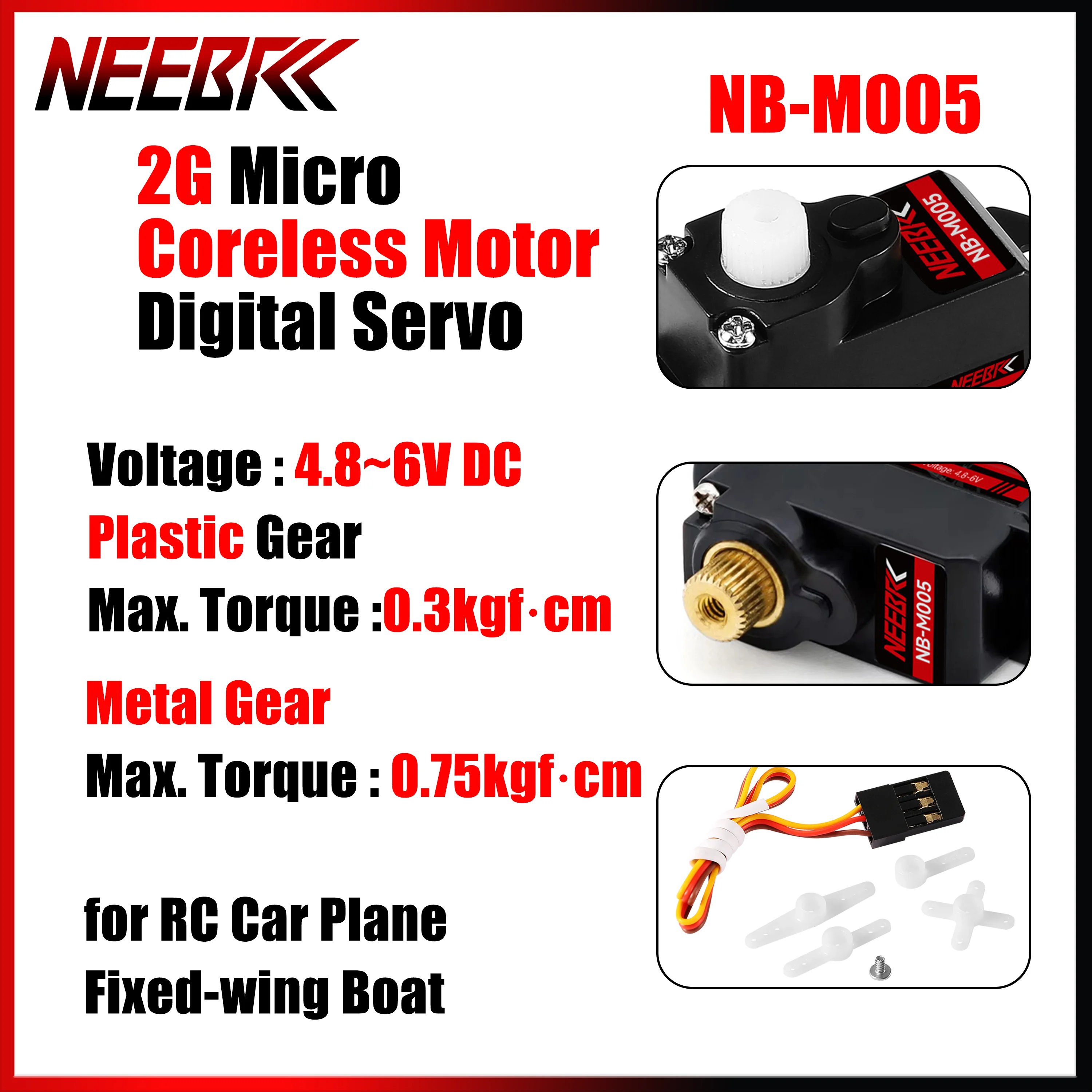 NEEBRC 2G Mini Serwo Cyfrowe z Przekładnią Plastikowo-Metalową, Bezrdzeniowy Silnik, Wodoodporne, do Samochodów RC, Samolotów Stałopłatowych, Helikopterów, Robotów, Części Zamiennych, Zabawek