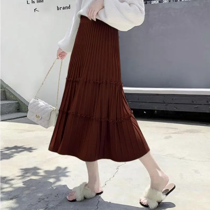 Winter Elegant Pleated Knitting High Waist Solid Color A-line Skirt Women Clothes Simplicity Screw Thread Elastic Pleated Skirt