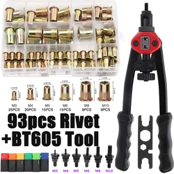 93pcs Rivet Nuts+Hand Threaded Rivet Nuts Gun Double Insert Manual Riveter Gun BT605 Riveting Rivnut Tool M3 M4 M5 M6 M8 M10