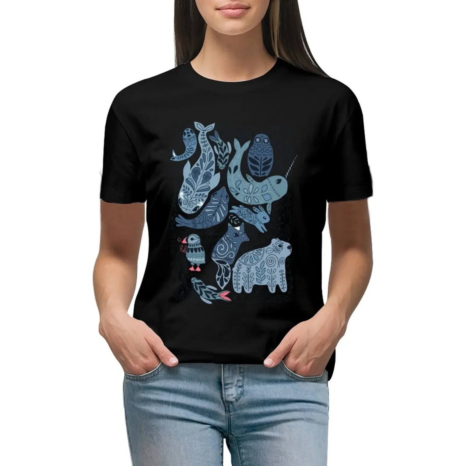 

Arctic animals. Narwhal, polar bear, whale, puffin, owl, fox, bunny, seal. T-Shirt sports fans plain t-shirts for Women cotton