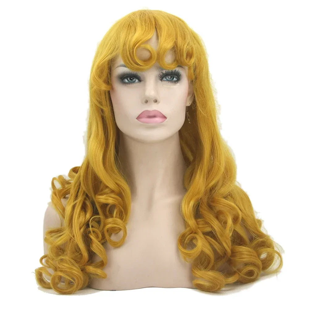 Long Curly Synthetic Hair Yellow Golden Women\'s Wig Sleeping Beauty Cosplay Wig Hairpiece Hair Wigs