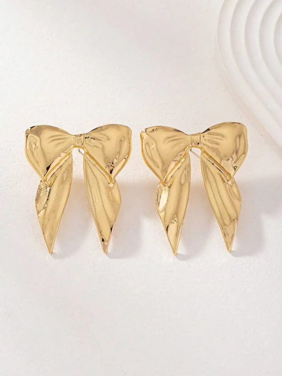1pair Metallic Bowknot Design Exaggerated Stud Earrings For Women, Daily Basic Earrings Valentines,Mom,Mother,Mother's Day,Gift