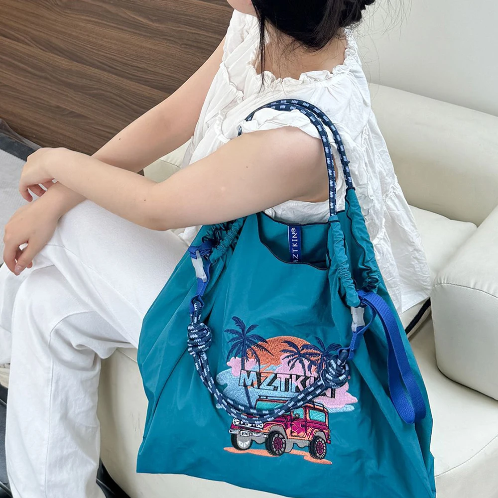 Car Embroidery Tote Bag Oversize Nylon Shoulder Bag Rope Handle Designer Handbags Eco Bags Large Capacity Shopper Purse 2024 New