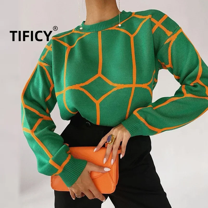 

TIFICY Sweaters Women's Autumn/Winter New Fashion New Line Round Neck Pullover Slouchy Knitted Pullovers SweaterTops