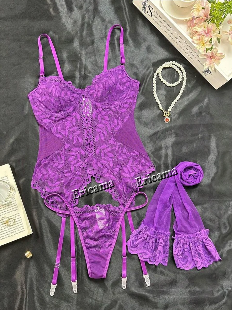 Lencería elegante, ropa interior de encaje Sexy, conjunto de sujetador y bragas empalmados transparentes de 3 piezas, Liga, ropa interior íntima Sexy para mujer, lencería