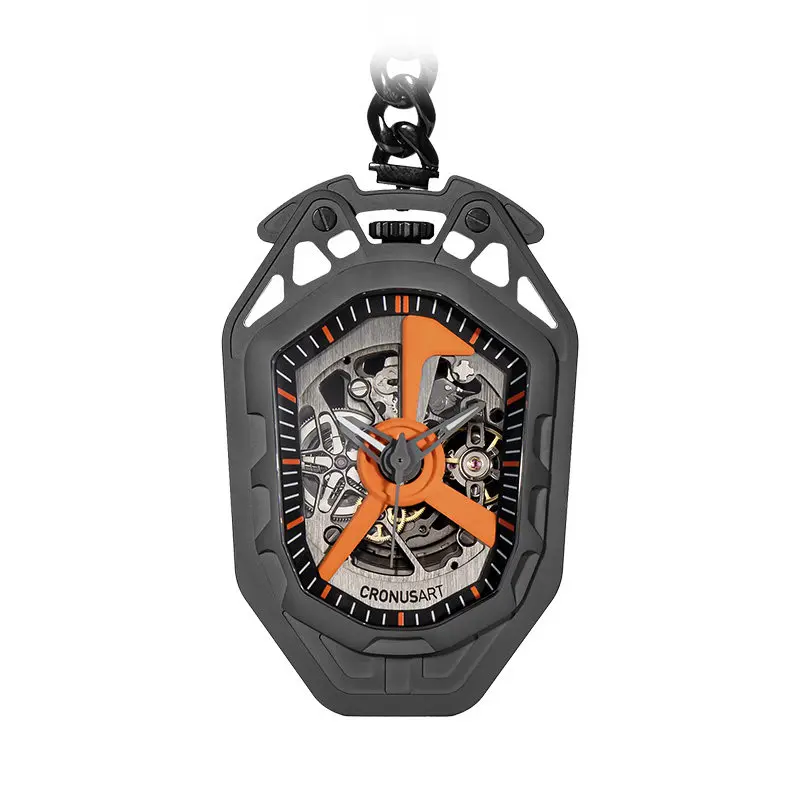 CRONUSART Men Automatic Watch 45mm*69mm Titanium Mechanical Pocket Watch Luminous Sapphire Mirror Skeleton Dial Cuban Link Chain