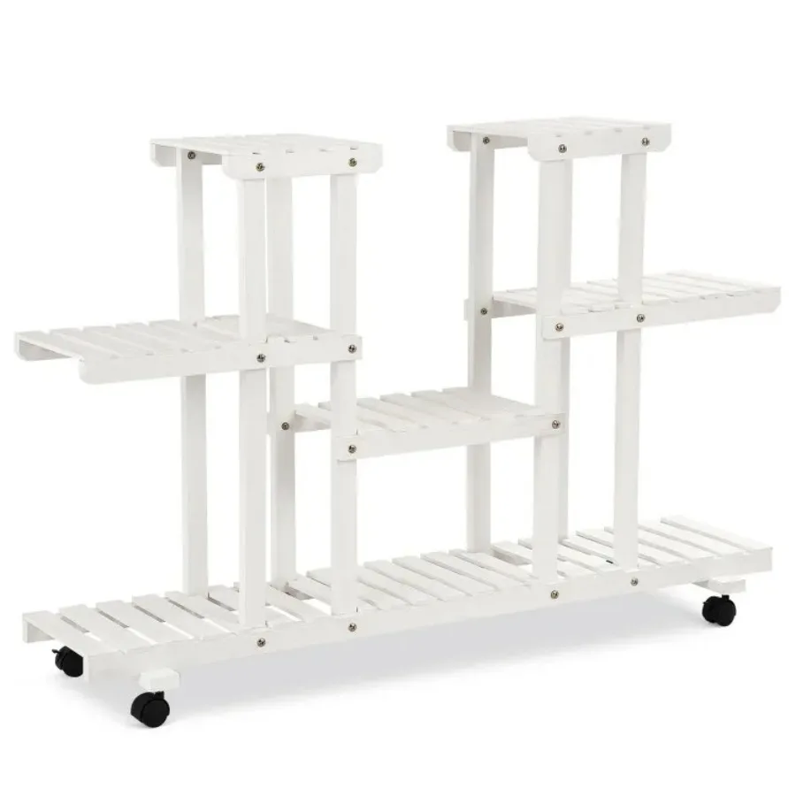 4-Tier Wood Casters Rolling Shelf Plant Stand