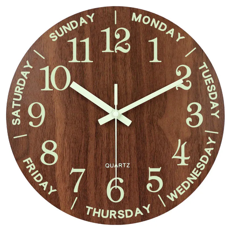 

12 Inch Nordic Fashion Luminous Wood Wall Clock Wall Clock Silent Clock Light in Dark Non Ticking Clock With Night Light