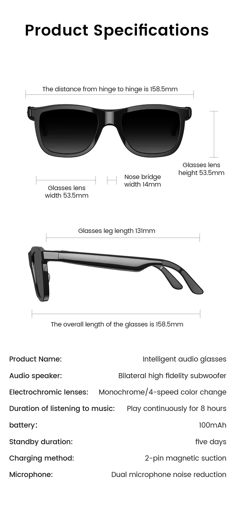 2026 Neue Audio-Smart-Brille mit elektrochromen Gläsern, magnetischer Aufladung, ultraklarem Bild, Bluetooth-Anruffunktion und Musikwiedergabe – Detail 10