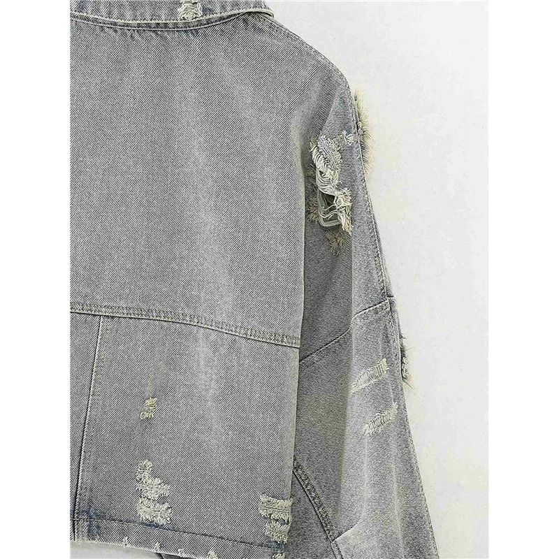 ABRT – Jaqueta jeans feminina desfiada com manga morcego e gola virada para baixo – Casacos de algodão grosso para outono e inverno