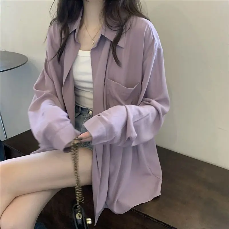 French Fashion Purple Shirt 2024 Women's Autumn New Loose Design Long Sleeved Thin Versatile Polo Neck Shirt Female Clothing