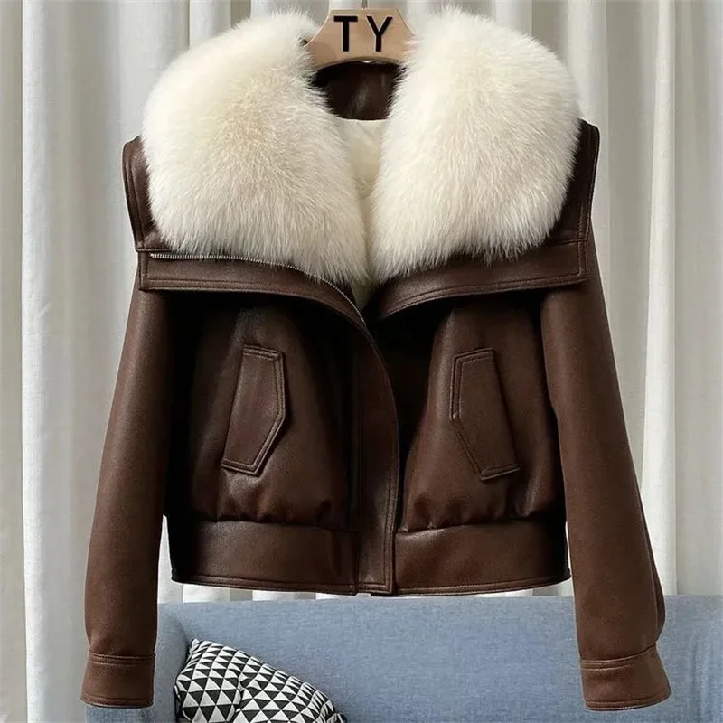 2024 Winter New Fox Fur Grass Jacket Women's Short Thicken Warm Parker Overcoat Female Zipper Motorcycle Jackets