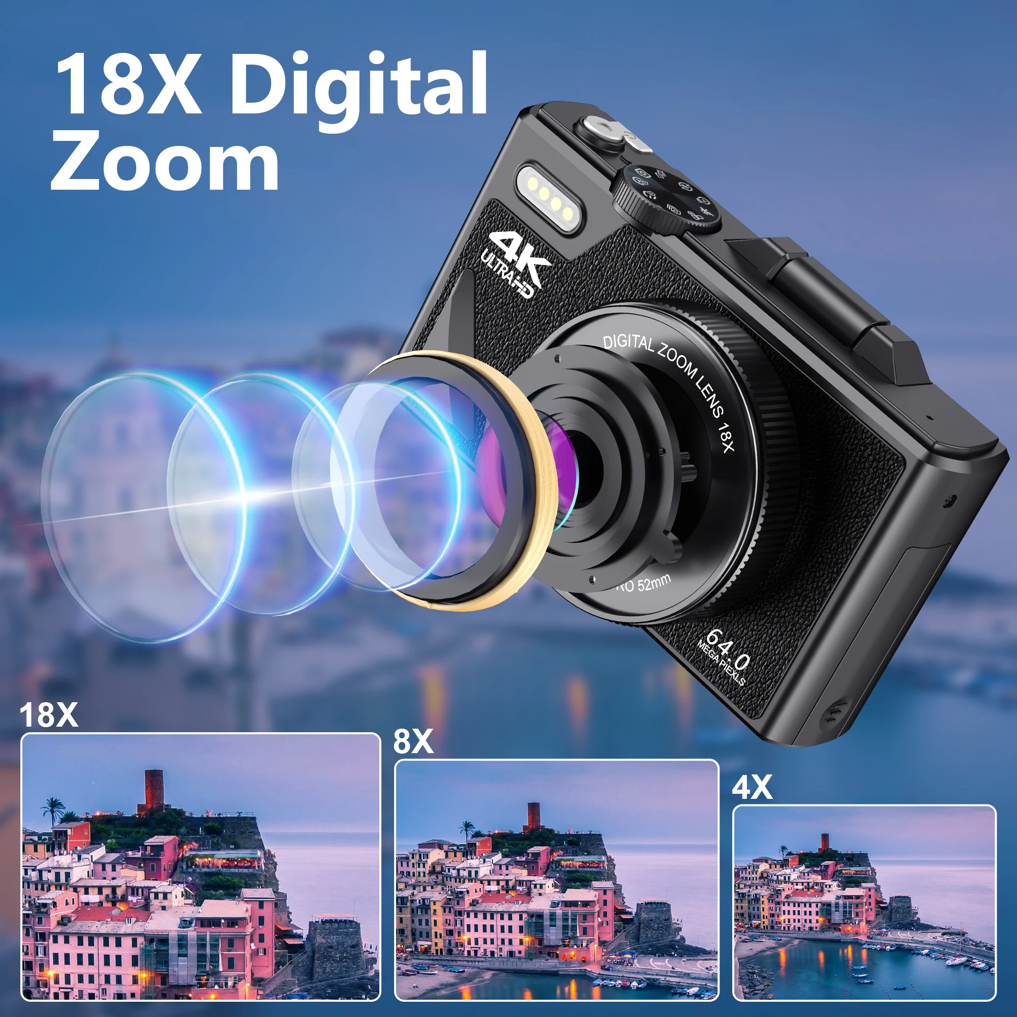 4K Digital Camera for Photography 64MP WiFi Video Camera for YouTube 18X Digital Zoom Auto-focus Vlog Cameras with Flip Screen