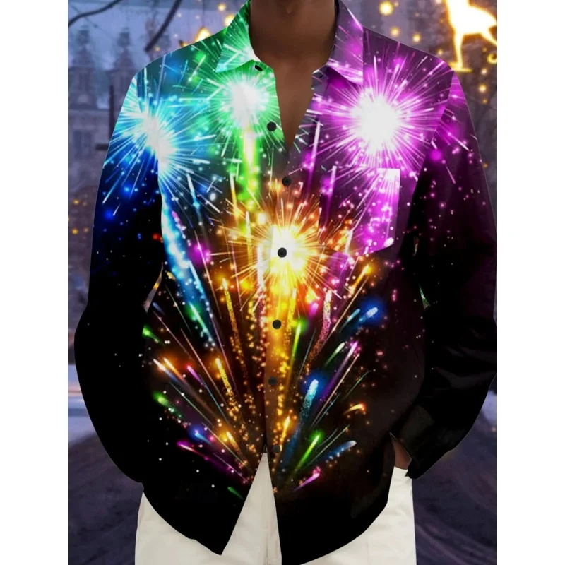 Fireworks Champagne Pattern Hawaiian Shirts For Men Happy New Year 3D Printed Aloha Shirts Casual Loose Long Sleeve Tops Blouses
