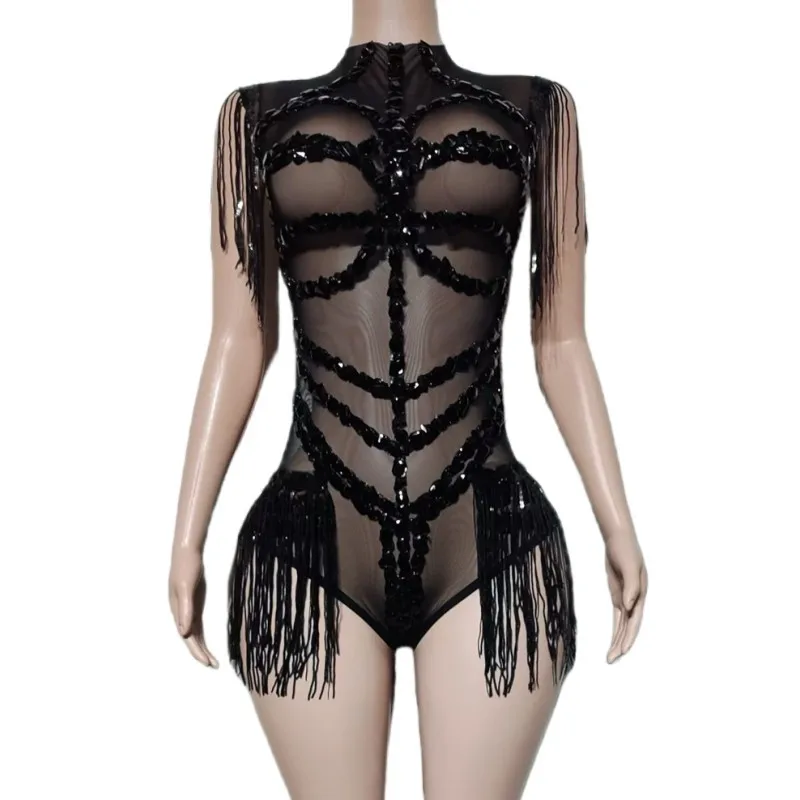 Sexy Transparent Black Crystal Sequins Tassel Bodysuit for Nightclub Bar DJ Women Dancer Performance Dance Costume Stage Wear