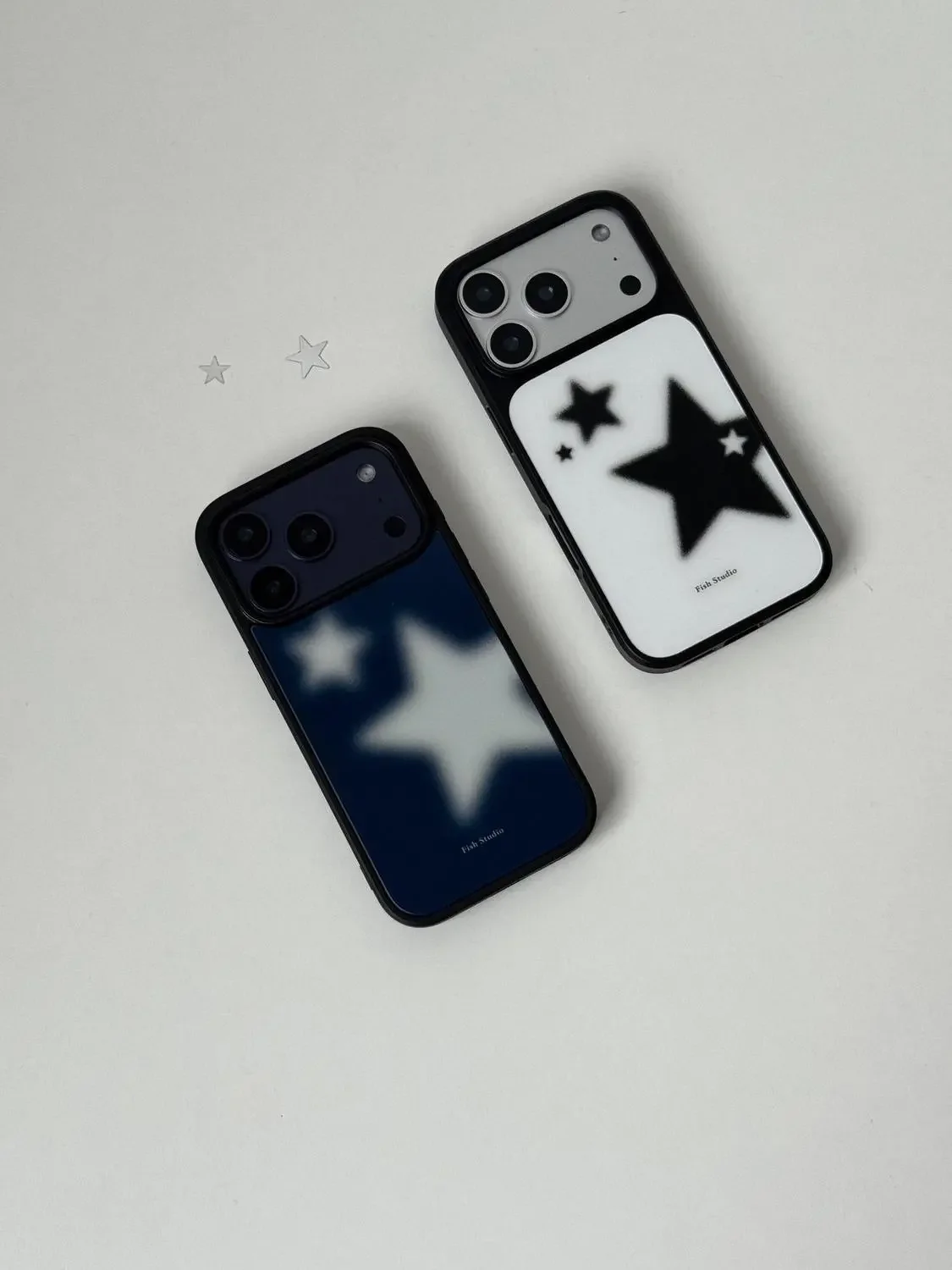 Trendy INS Style Blue Fuzzy White Stars Glossy Phone Case for iPhone 17 16 15 14 13 12 11 PRO MAX PLUS 17air 16e Drop Glue Cover