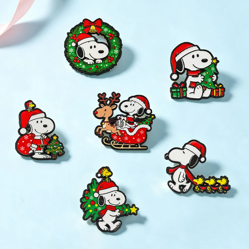 6Pcs Cute Snoopy Christmas Enamel Pins Santa Tree White Dog Animal Brooch Puppy Lapel Badge For Backpack Hat Xmas Holiday Gift