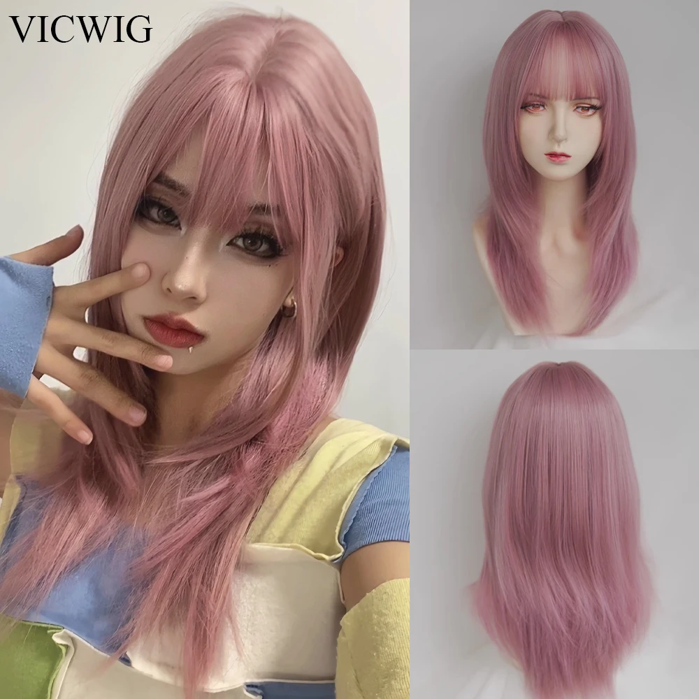 

VICWIG Pink Purple Medium Long Straight Wigs with Bangs Synthetic Women Natural Lolita Cosplay Hair Wig for Daily Party